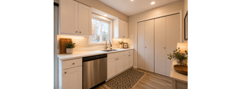 A kitchen with white cabinets and a stainless steel dishwasher.