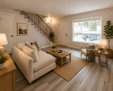 A living room with a couch, a chair, a coffee table, and a staircase.
