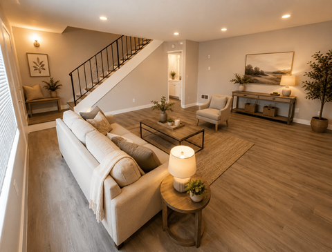 A well-lit living room with a white sofa and wooden floors.