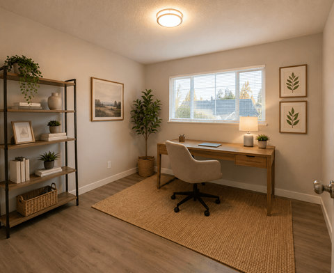 A room with a desk, chair, and shelves with plants and decorations.