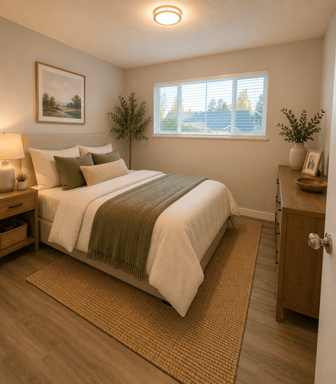 A bedroom with a bed, nightstand, and a window with a view of a fence and trees.