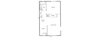 the floor plan for a small kitchen with a living room and a dining area