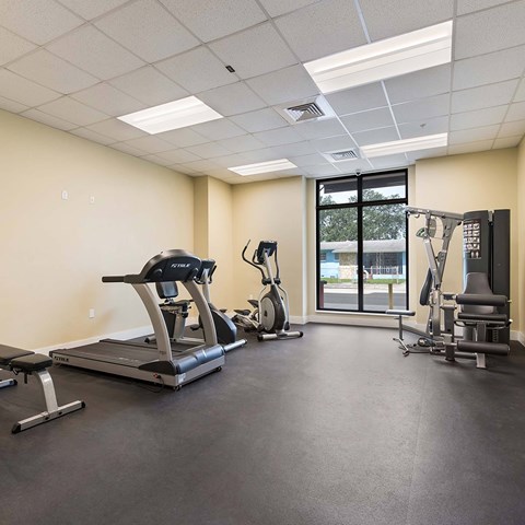 A spacious gym with treadmills, elliptical machines, and other exercise equipment.