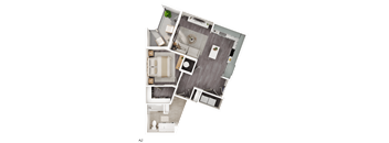 A 3D floor plan of a house with a kitchen, living room, and bathroom.