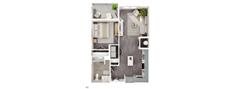 A3 floor plan of a small apartment with a kitchen, living room, and bathroom.