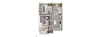 A4 floor plan of a small apartment with a bedroom, living room, kitchen, and bathroom.
