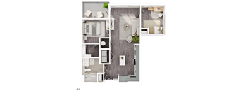 A floor plan of apartment B1 with a living room, kitchen, and bathroom.