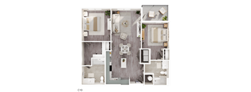 A top-down view of a modern bathroom layout with a large mirror, sink, and toilet.