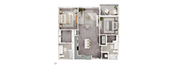 A top-down view of a modern apartment layout with a living room, kitchen, and bathroom.