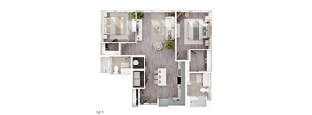 A top-down view of a modern, minimalist apartment layout.