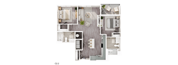 A top-down view of a modern, minimalist apartment layout.