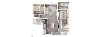 A top-down view of a modern apartment layout with a living room, kitchen, and bathroom.
