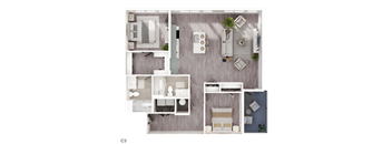A top-down view of a well-organized apartment layout with a living room, kitchen, and bedroom.