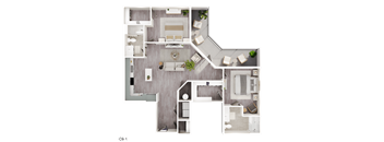 A top-down view of a house layout with a living room, kitchen, and bedrooms.