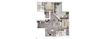 A top-down view of a house layout with a bedroom, living room, kitchen, and bathroom.