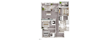 A top-down view of a floor plan showing a living room, kitchen, and bedrooms.