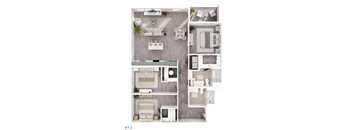 A top-down view of a floor plan showing a living room, kitchen, dining area, and bedrooms.