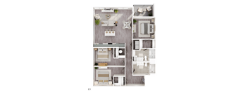 A floor plan of a house with multiple rooms and furniture layouts.