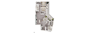 A floor plan of a two-bedroom apartment with a living room, kitchen, and bathroom.