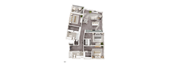 A floor plan of a house with three bedrooms, two bathrooms, a living room, a kitchen, and a dining area.