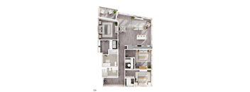 A detailed 3D floor plan of apartment E4 showing all rooms and furniture layout.