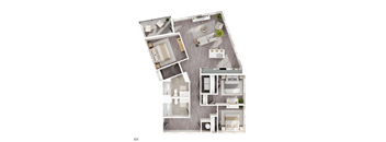 A top-down view of a floor plan showing a living room, kitchen, and two bedrooms.