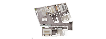 A top-down view of a modern apartment layout with a kitchen, living room, and bathroom.