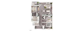 A floor plan of an apartment with three bedrooms, two bathrooms, and a living area.