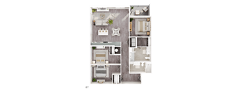 A floor plan of a small apartment with two bedrooms and a living area.