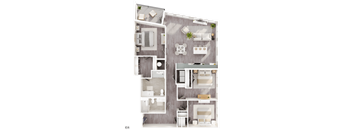 A floor plan of an apartment with a kitchen, living room, and three bedrooms.