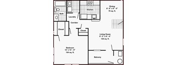 A floor plan of a house showing a living room, two closets, a laundry room, a kitchen, a dining room, a bathroom, a balcony, and a bedroom.
