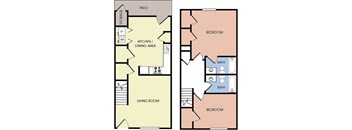 a diagram of two floor plans of a house with a kitchen and a living room