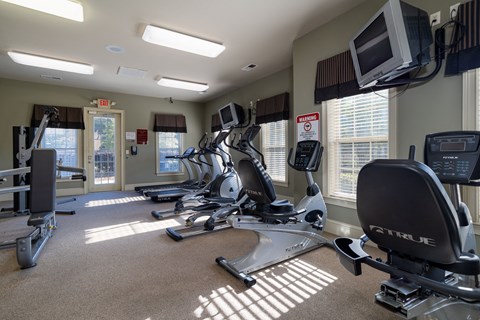 a room filled with cardio equipment and a flat screen tv