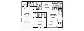 A floor plan of a house with three bedrooms, a living room, a dining room, a kitchen, a bathroom, a closet, a corridor, and a balcony.