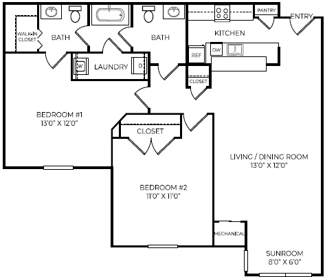 a floor plan of a house with two bedrooms and a closet