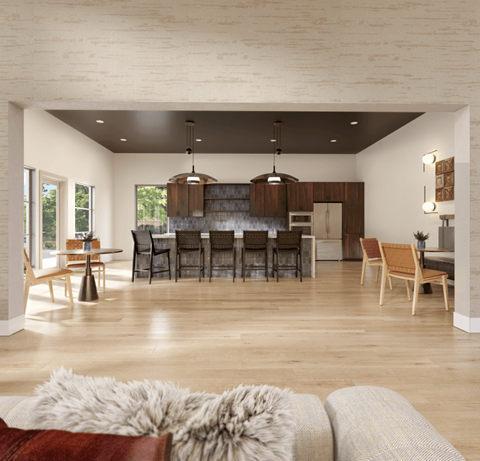 a large living room with a dining room and a kitchen