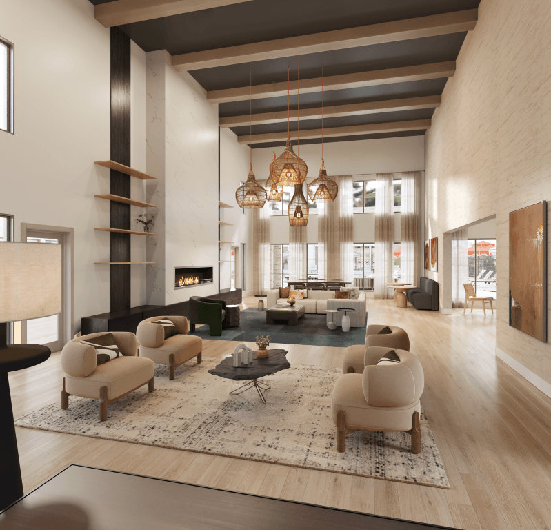 a rendering of a living room with furniture and a fireplace