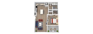 A floor plan of a small apartment with a living room, kitchen, and bedroom.