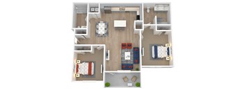 A top-down view of a small apartment with two bedrooms, a living room, and a kitchen.
