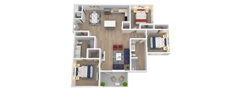 A top-down view of a small apartment with a kitchen, living room, and two bedrooms.