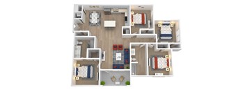 A 3D floor plan of a house with two bedrooms, a living room, a kitchen, and a bathroom.