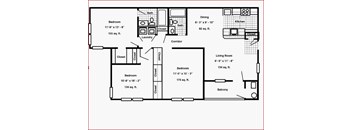 A floor plan of a house with two bedrooms, a living room, a dining room, a kitchen, a laundry room, and a balcony.