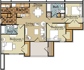 a floor plan of a house with bedrooms and a living room and a dining room