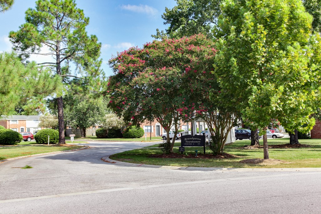 a park with trees and a sign in the middle of the road at Brandywine Townhomes, Goose Creek South Carolina   