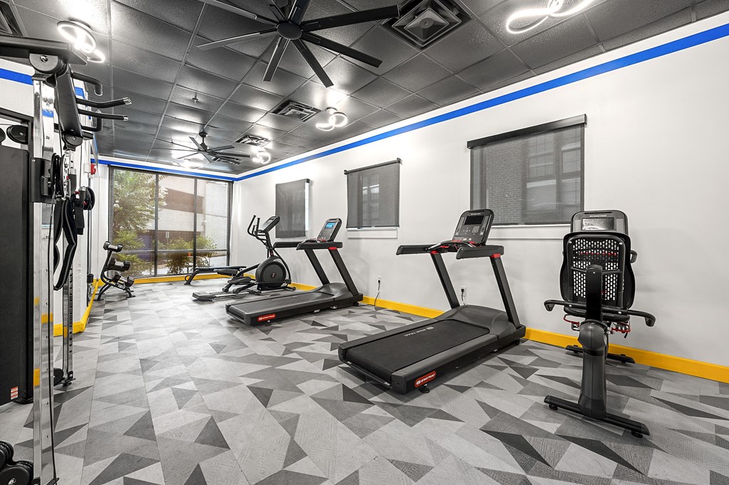 A gym with treadmills, elliptical machines, and a fan.