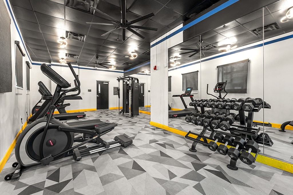 A gym with a treadmill, weights, and exercise equipment.