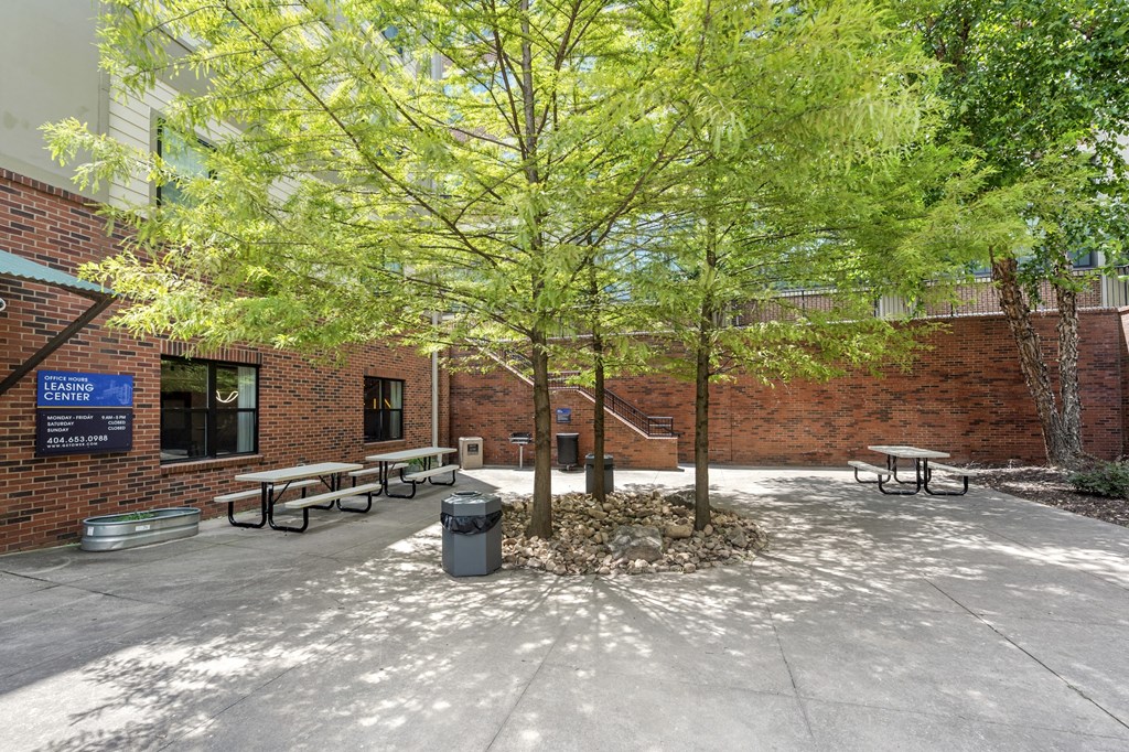 A tree in a courtyard with a sign that says "LEARNING".
