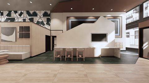 A modern dining area with a white table and chairs.