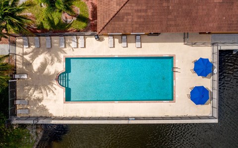 arial view of a swimming pool with blue umbrellas