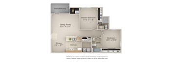 A floor plan of a small apartment with a living room, kitchen, dining room, and three bedrooms.